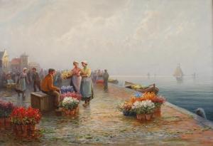 WAGNER Karl 1856-1921,Blumenmarkt zahlreiche am Kai ihre Blumen anbieten,Mehlis DE 2020-08-27