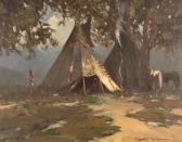 Wagoner Robert 1928-2017,Teepees with horses and Indians,1984,John Moran Auctioneers US 2017-08-08