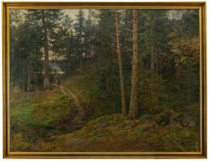 WAHLSTRÖM Charlotte 1849-1924,Skogslandskap med kvinna på stig,Uppsala Auction SE 2021-08-17