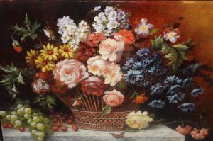 WAITE Ruth,basket of flowers and fruit on a stone ledge,Lawrences of Bletchingley GB 2022-09-06