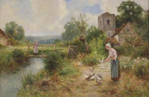 WALBOURN Ernest Charles,A young woman feeding birds beside a stream, a chu,Sworders 2023-09-26