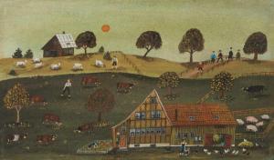 WALDBURGER J.B. 1924,Bauernhaus mit Schweinen,Schuler CH 2017-12-13
