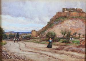 WALKER John Doddy 1863-1925,Castle of Denia, Spain, hilltop castle with figure,Morphets 2020-03-05