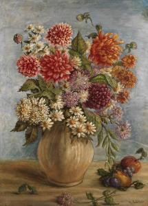 WALTER Karl 1868-1949,Sommerblumen und Früchte neben einer Vase mit prächtigem,Mehlis DE 2020-08-27