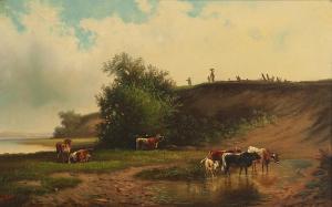 WALTON William,Figures overlooking cattle grazing by a river,John Moran Auctioneers 2019-03-24