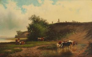 WALTON William,Figures overlooking cattle grazing by a river,John Moran Auctioneers 2019-06-23