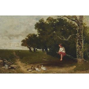 WARD Charles Caleb 1831-1896,GIRL ON A BOUGH FEEDING DUCKS,1888,Waddington's CA 2017-09-30