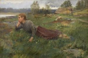WARLING Elisabeth 1858-1915,Vallflicka,1890,Uppsala Auction SE 2015-06-12