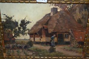 WARMENHOVEN J 1900-1900,figure by a thatched cottage and garden,Lawrences of Bletchingley 2017-10-17