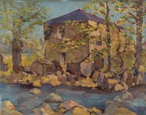 WARREN Charles Wyatt,river scene with trees and old mill building,Rogers Jones & Co 2024-01-26