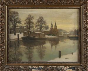 WASSENBURG Arie 1896-1970,Winter townscape with houseboat in canal,Twents Veilinghuis NL 2021-04-08