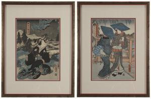 WATOYO KUNI Ugata 1769-1825,Three women with blue hats at edge of bridge,Brunk Auctions 2014-03-15
