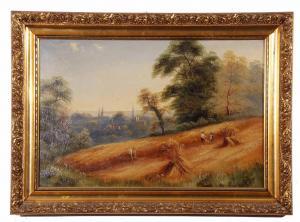 WATSON C.F,Landscape with harvesters overlooking a village church,Keys GB 2021-10-15