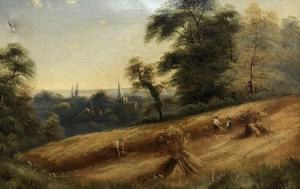 WATSON C.F,Landscape with harvesters overlooking a village church,19th Century,Keys GB 2022-02-18