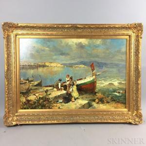 WATSON Elizabeth V. Taylor,Italian Scene of Figures and Boats by the Water,Skinner 2018-07-24