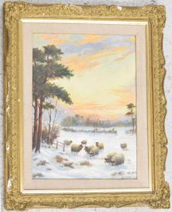 WATSON W.H 1800-1900,winter scene with sheep beside a pine tree at suns,Gardiner Houlgate 2021-02-11