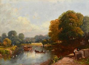 WATTS Frederick William,boats and figures on a river with cattle watering ,John Nicholson 2024-01-24