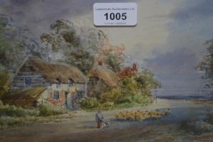 WATTS Lewis,shepherd and flock before thatched cottages,Lawrences of Bletchingley 2019-06-11