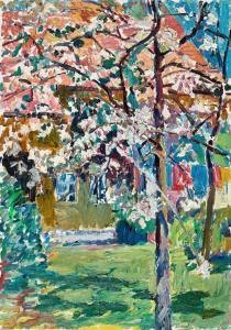 WEBER Adolf 1925-1996,Garten mit blühenden Bäumen und Wäsche an Wäschele,Dobiaschofsky CH 2023-11-08