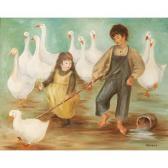 WEBER Bettie L 1928-2008,Children herding geese.,1962,Ripley Auctions US 2011-03-19