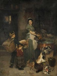 WEBER Henrich A 1843-1913,Kinder überbringen der Magd einen erlegten Hasen,Schuler CH 2019-03-20