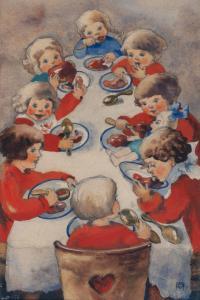 WEBER Mili 1891-1978,Acht Kinder zu Tisch (Eight Children at Table),1910,Germann CH 2023-06-20