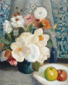WEEKS John 1886-1965,Still Life with White Magnolias, Zinnias & Apples,Webb's NZ 2024-03-25