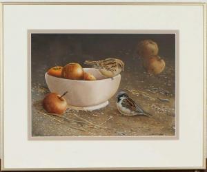 WEENINK Ruud 1949,two sparrows in a bowl of apples,Twents Veilinghuis NL 2013-07-05