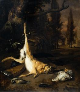 WEENIX Jan 1640-1719,A hunting still life with a shot hare, birds and a,Venduehuis NL 2023-11-14