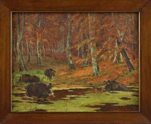 WEGENER Johannes 1896-1995,Suhlende Wildschweinrotte im Herbstwald,Eva Aldag DE 2013-05-25