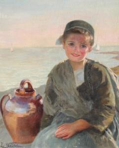WEIBEL Louise 1865,Kleines friesisches Mädchen mit Steinkrug am Meer,Von Zengen DE 2008-11-28