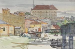 WEIDINGER Franz Xaver,Blick auf die alte Reichsstraßen-Donaubrücke und d,Palais Dorotheum 2022-11-08