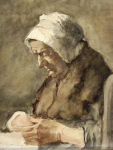 WEILAND Jaap 1891-1970,Old woman holding an apple in her hands,Glerum NL 2007-06-10