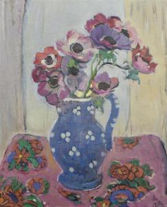 WEISS CHARLOTTE MARIE,Flowers in a blue vase on a floral tablecloth,Galerie Koller 2009-06-16