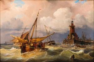 WEISS Johann Baptist 1812-1879,Holländische Hafeneinfahrt bei stürmischer See mit,Zeller 2019-04-03