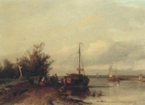 WEISSENBRUCH Jan 1822-1880,Figures resting on a riverbank by a moored sailing,Christie's 2003-04-29