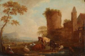 WEITSCH Johann Friedrich 1723-1803,Hirtin mit Vieh vor teils verfallener Burg,1765,Arnold 2021-11-20