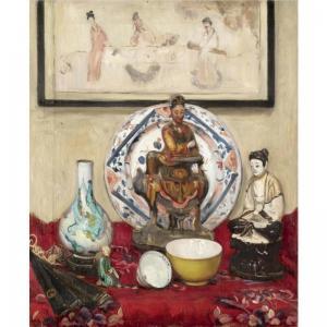 WELLS Denys George 1881-1973,STILL LIFE WITH THREE PORCELAIN FIGURES ON A RED F,Sotheby's 2007-07-12