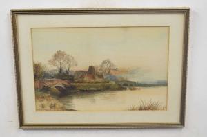 WELLS H,Two figures fishing from a stone bridge next to a village,Keys GB 2021-11-12