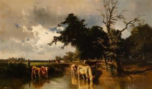 WENGLEIN Josef 1845-1919,A Woody River Scene, with Cows Watering,1882,William Doyle US 2024-01-10