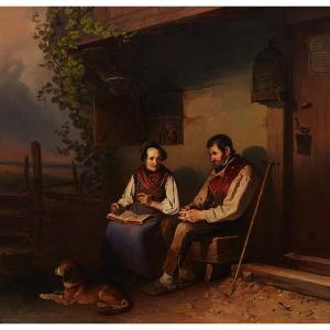 WENGLER Johann Baptist,ELDER COUPLE OUTSIDE A TAVERN READING A STORY,1848,Waddington's 2018-06-28