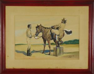 WENTWORTH JOHN 1911-1993,A trainer steadies a horse as a rider mounts,Eldred's US 2011-08-03