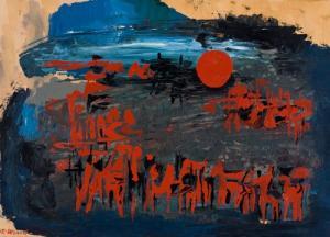 WENZEL HANS ERNST,Abstraktion mit roter Sonne auf Grau-Blau,Hargesheimer Kunstauktionen 2009-01-16