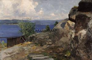 WERGELAND Oscar 1844-1910,Fjordlandskap i solskinn Olje på lerret,Blomqvist NO 2008-06-03