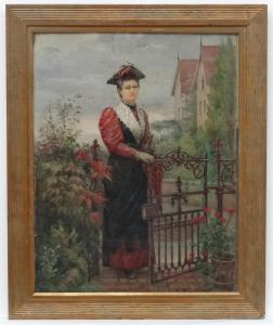 WERNER Reinhold 1842-1922,Lady with umbrella at a front gate,1894,Dickins GB 2018-04-13