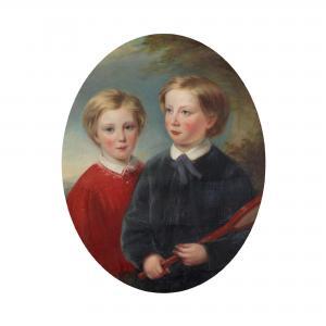 WEST Samuel 1810-1867,PORTRAIT OF TWO BOYS, ONE HOLDING A TENNIS RACQUET,Lyon & Turnbull 2022-02-23