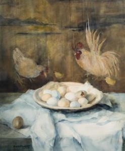 WESTENDORP OSIECK Betsy 1880-1968,Een haan en hen met kuikens, en schaal met eieren,1963,Venduehuis 2022-10-11