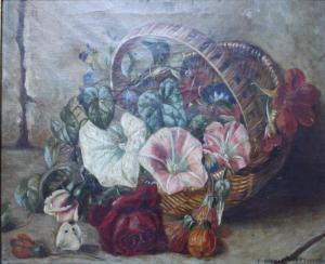 WESTWOOD Florence,Still life study of flowers in a wicker basket and,Cuttlestones 2019-09-12