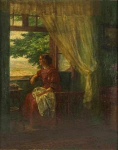 WETTIG Heinrich 1875-1963,Junge Frau mit Näharbeit am geöffneten Fenster,1908,Zeller DE 2018-12-05
