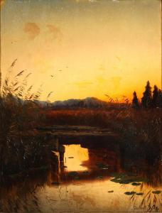 WEX Adalbert 1867-1932,Sunset over a lake with floating water lilies,Bruun Rasmussen DK 2022-10-31